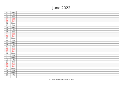 lined calendar june 2022