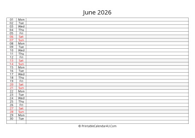 lined calendar june 2026