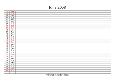 lined calendar june 2058