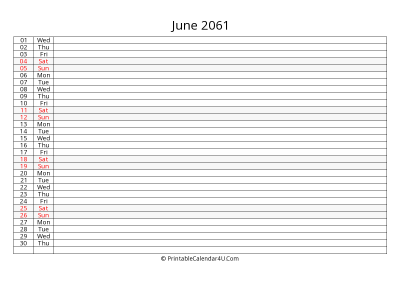 lined calendar june 2061