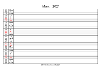lined calendar march 2021