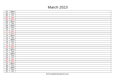 lined calendar march 2023