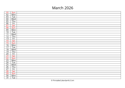 lined calendar march 2026
