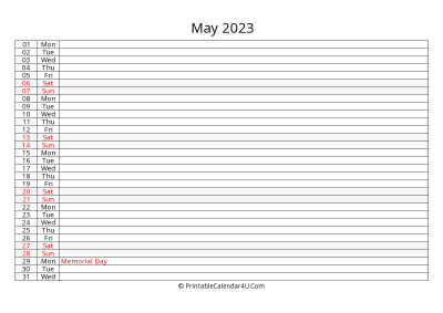 lined calendar may 2023