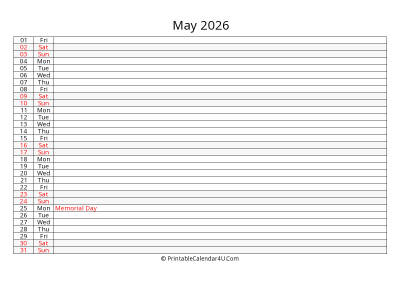 lined calendar may 2026