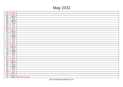 lined calendar may 2032