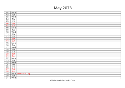 lined calendar may 2073