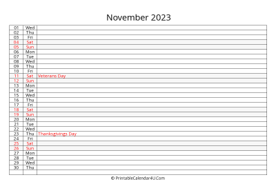 lined calendar november 2023