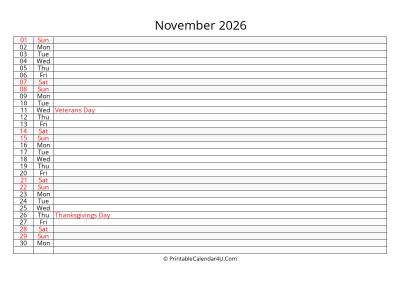 lined calendar november 2026