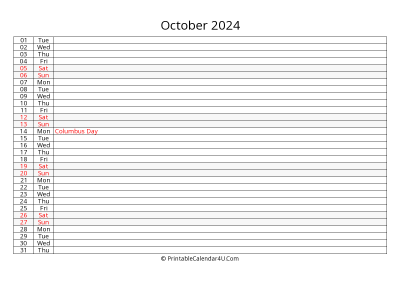 lined calendar october 2024