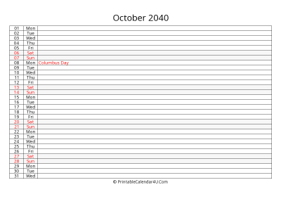 lined calendar october 2040