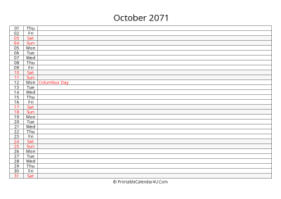 lined calendar october 2071