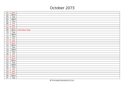 lined calendar october 2073