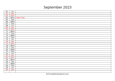 lined calendar september 2023