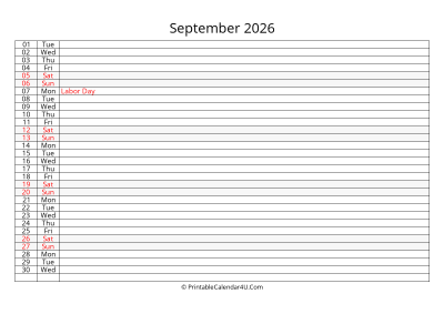 lined calendar september 2026