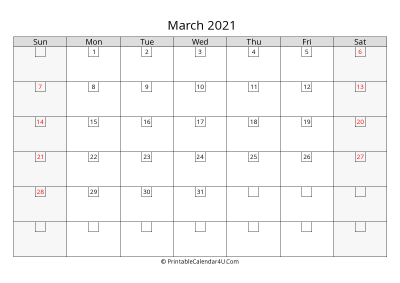 march 2021 calendar with days in box
