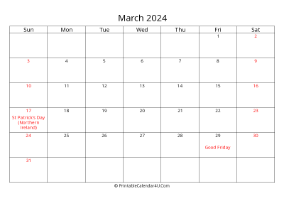 march 2024 calendar printable with uk bank holidays