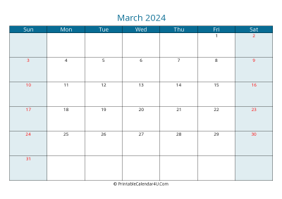 march 2024 calendar printable with us holidays, sunday start, landscape, letter paper size