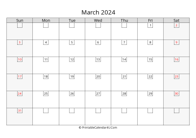 march 2024 calendar with days in box