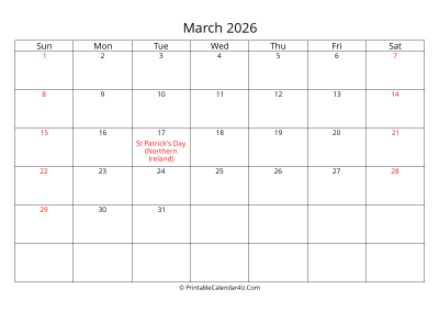 march 2026 calendar printable with uk bank holidays