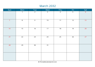 march 2032 calendar printable with us holidays, sunday start, landscape, letter paper size