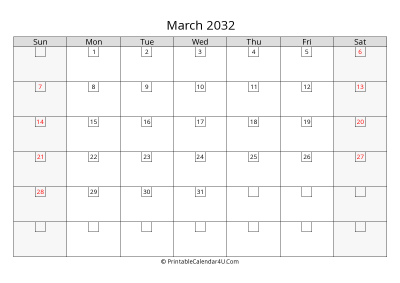 march 2032 calendar with days in box