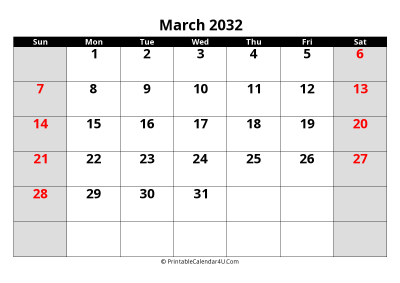 march 2032 editable calendar with large font size