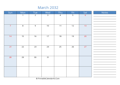march 2032 printable calendar with us holidays, sunday start, side notes, landscape, letter