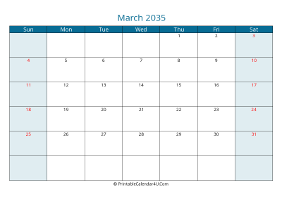 march 2035 calendar printable with us holidays, sunday start, landscape, letter paper size