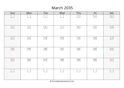 march 2035 calendar with days in box