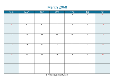 march 2068 calendar printable with us holidays, sunday start, landscape, letter paper size