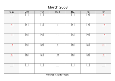march 2068 calendar with days in box