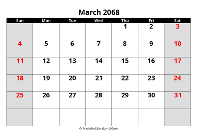 march 2068 editable calendar with large font size