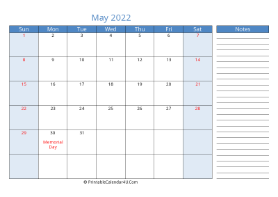 may 2022 printable calendar with us holidays, sunday start, side notes, landscape, letter