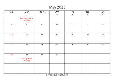 may 2023 calendar printable with uk bank holidays