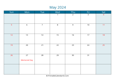 may 2024 calendar printable with us holidays, sunday start, landscape, letter paper size