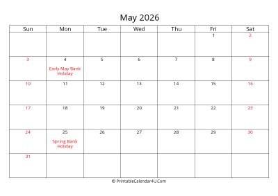 may 2026 calendar printable with uk bank holidays