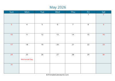 may 2026 calendar printable with us holidays, sunday start, landscape, letter paper size