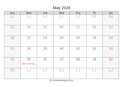 may 2026 calendar with days in box