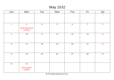 may 2032 calendar printable with uk bank holidays