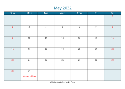may 2032 calendar printable with us holidays, sunday start, landscape, letter paper size