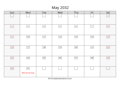 may 2032 calendar with days in box