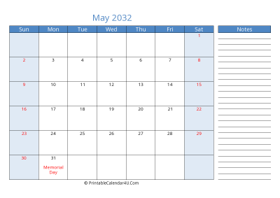 may 2032 printable calendar with us holidays, sunday start, side notes, landscape, letter