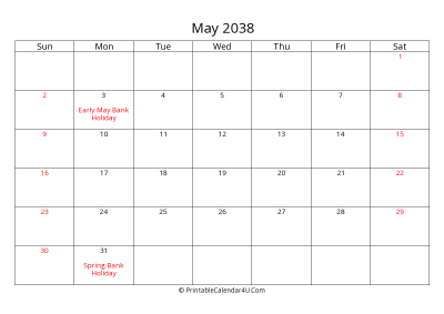 may 2038 calendar printable with uk bank holidays