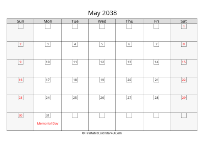 may 2038 calendar with days in box
