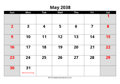 may 2038 editable calendar with large font size