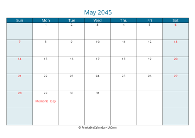 may 2045 calendar printable with us holidays, sunday start, landscape, letter paper size