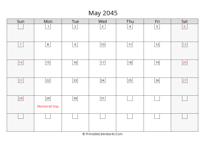 may 2045 calendar with days in box