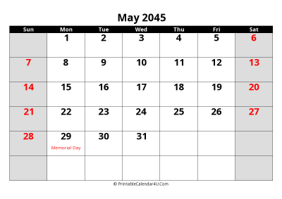 may 2045 editable calendar with large font size