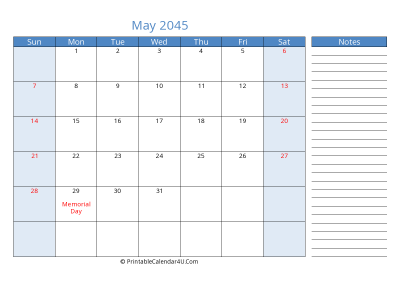 may 2045 printable calendar with us holidays, sunday start, side notes, landscape, letter